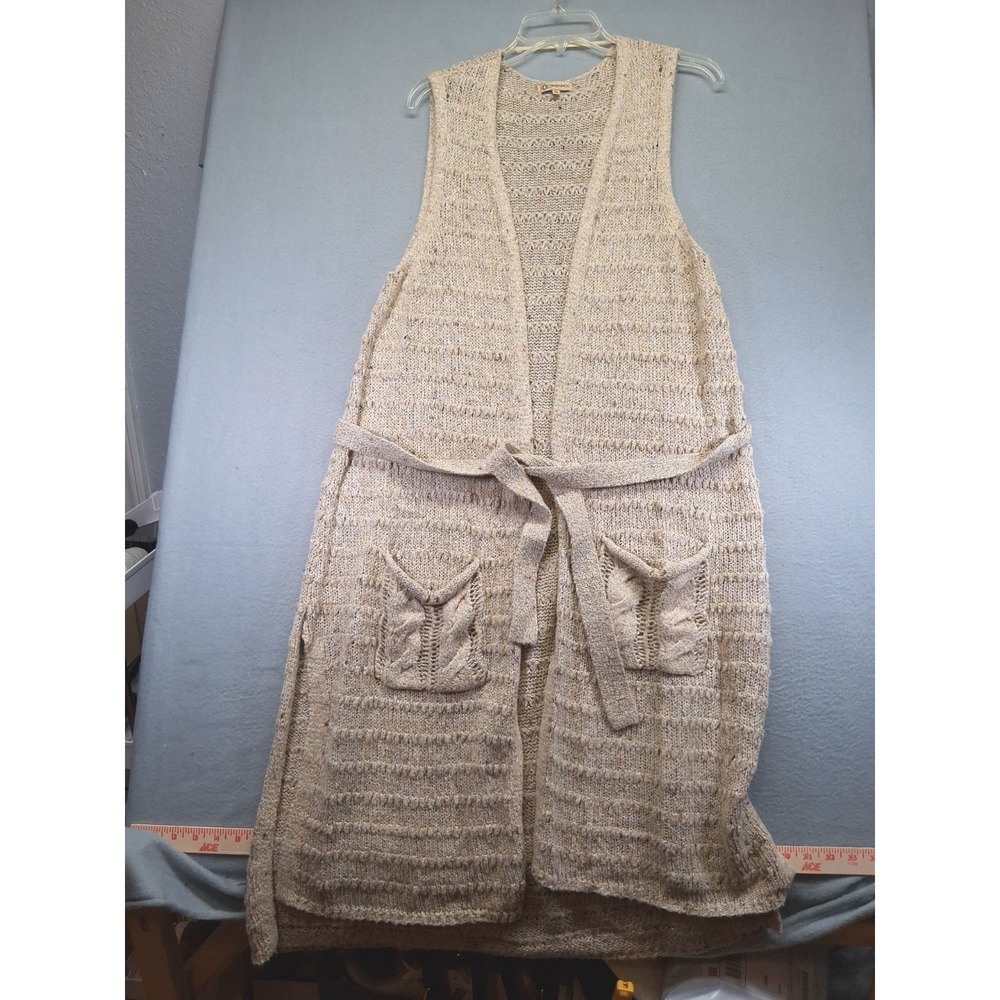 Democracy Women Full Body Sleeveless Cardigan Light Brown‎ Pockets Belt Size L